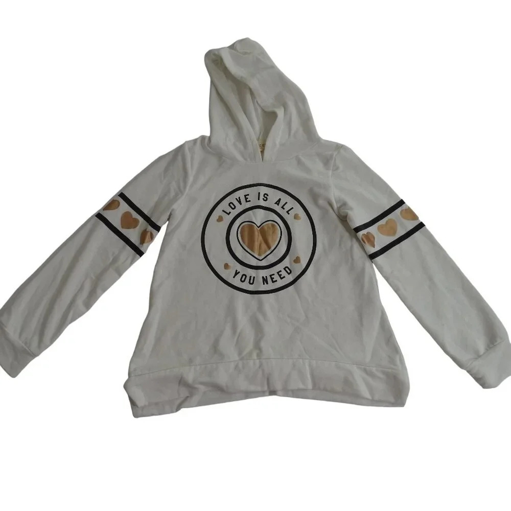 Btween Love Is All You Need Pullover Hoodie Top Cream Gold Heart Girls Size 7
